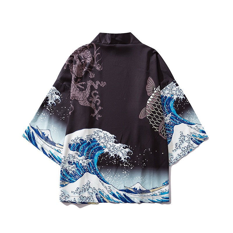 Levoire | Manteau Traditionnel Imprimé Carpe Vague 7052-Noir Taille asiatique-M