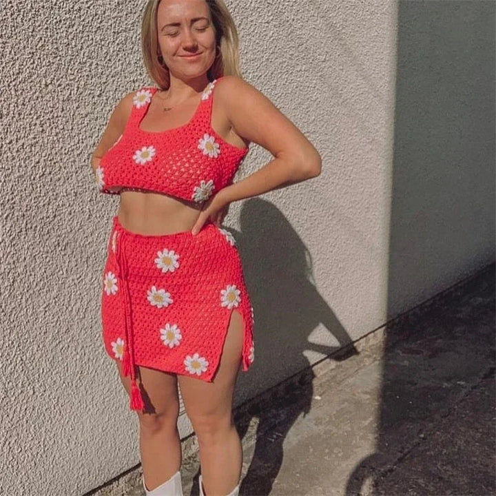 Levoire | Top En Crochet Tricoté Et Ensemble Jupe Love-Fleur Au Design Élégant rouge blanc fleur
