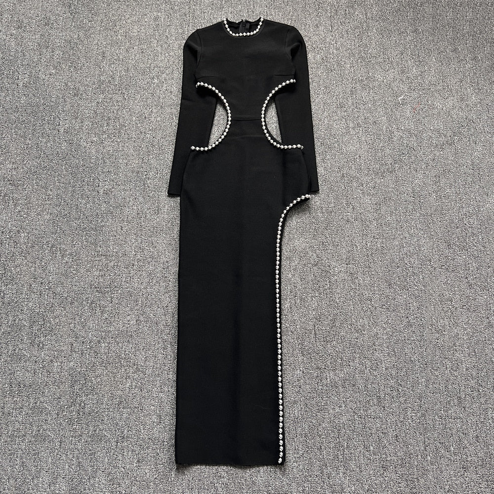 Levoire | Noir O-Top Découpe Perle Décoré Robe Longue