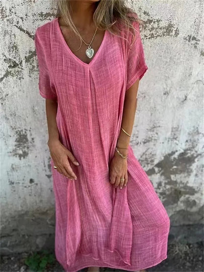 Levoire | Robe Midi En Lin À Décolleté En V Rosa