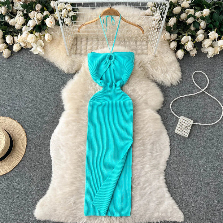 Levoire | Robe Maxi Tricot Tendance Dos Nu Pour Femmes Bleu clair une taille