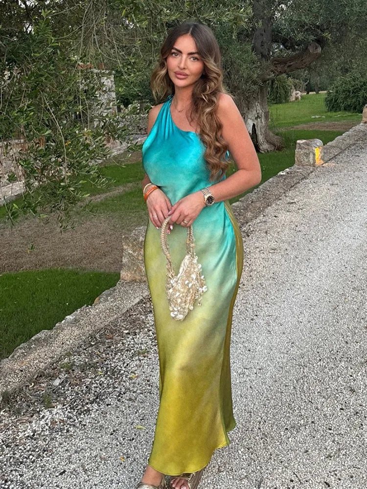 Levoire | Robe Longue Élégante Dégradée Couleur Épaule Unique Bleu or