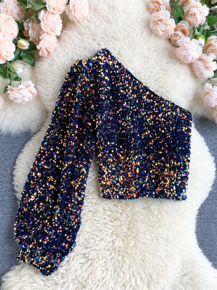 Levoire | Top À Une Épaule Pailleté bleu or Une taille (S-L)