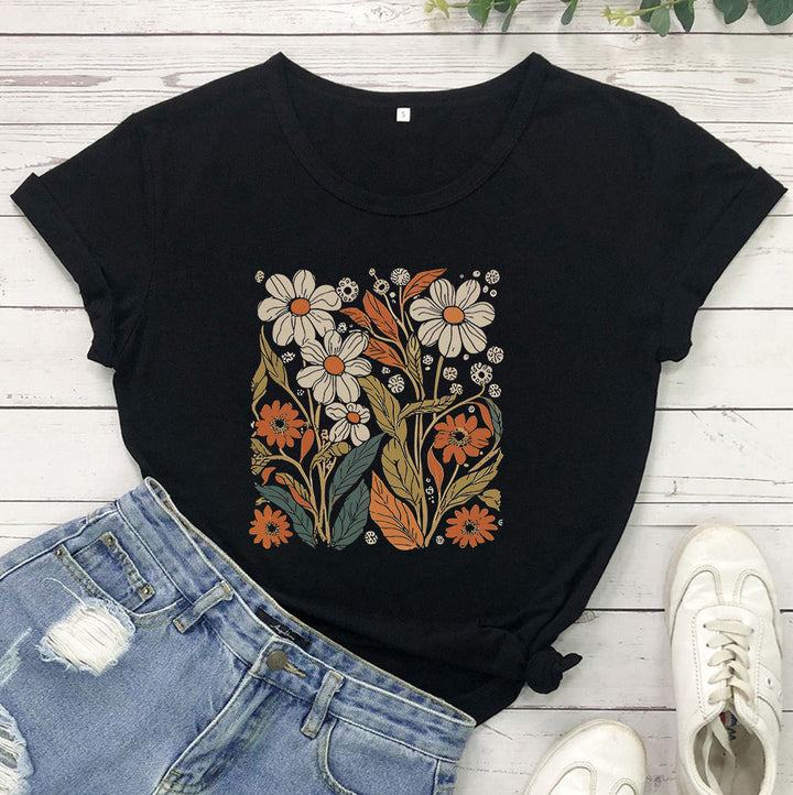 Levoire | Weinlese T-Shirt De Fleur Sauvage Pour Femmes Noir