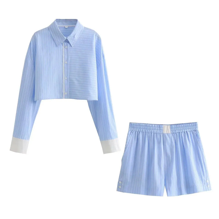 Levoire | Chemise À Manches Longues Rayée Moderne Et Ensemble De Shorts D'Été Pour Femmes