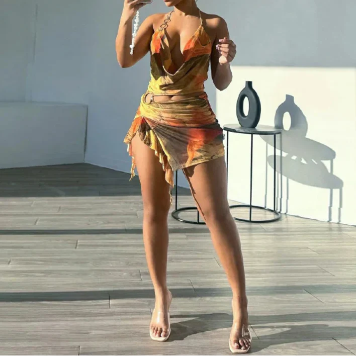 Levoire | Ibiza Bohémien Mini Robe Teintée À Lien Au Dos
