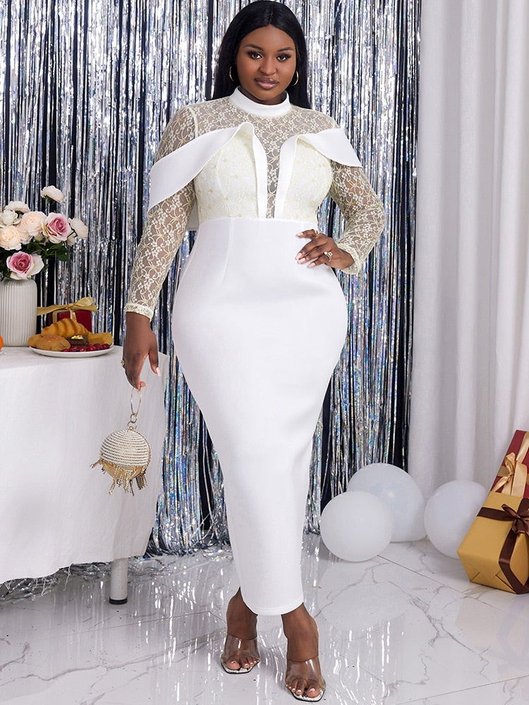 Levoire | Dentelle Col Haut Robe D'Été Bodycon Maxi Robe Blanc