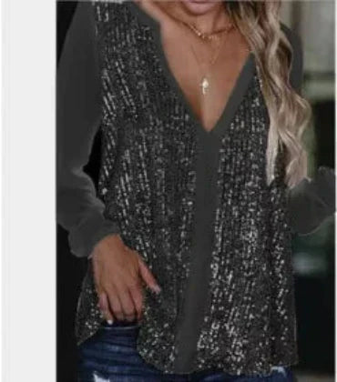 Levoire | Blouse Tombante Avec Décolleté En V Et Sequins Pour Femmes Noir