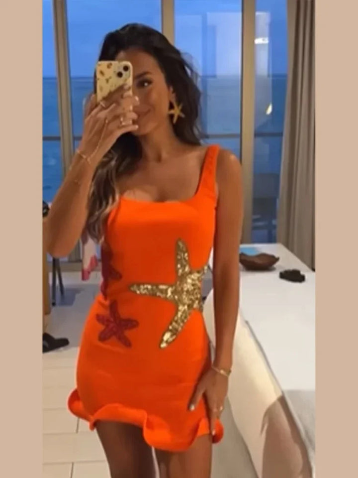 Levoire | Robe Mini Femme Sans Manches Brillante Moderne Imprimée Orange