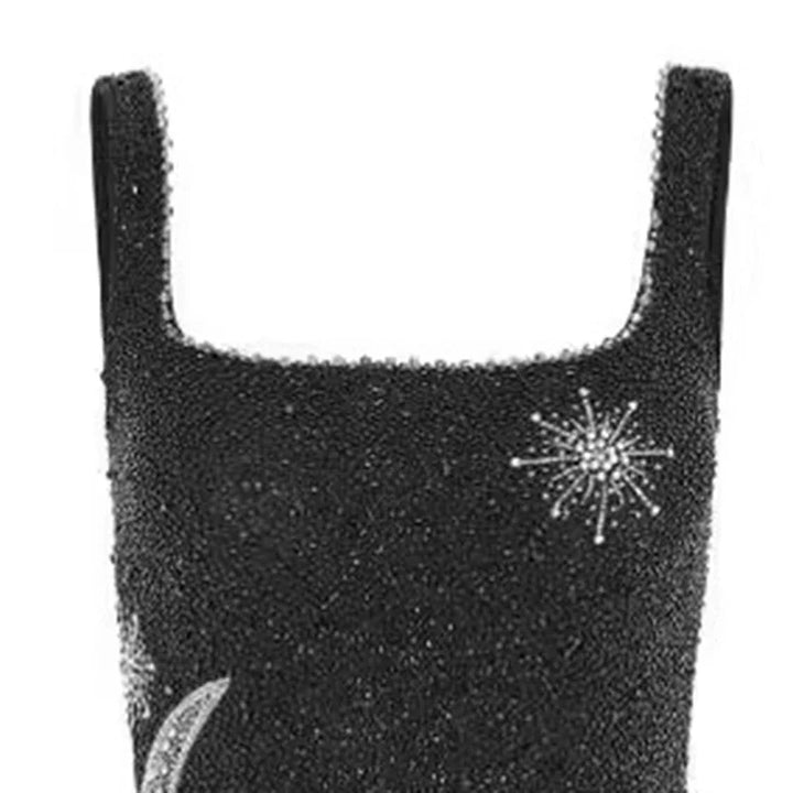 Levoire | Sparkle Ibiza Robe Mini Brodée Noir Nuit Argent Fente Latérale