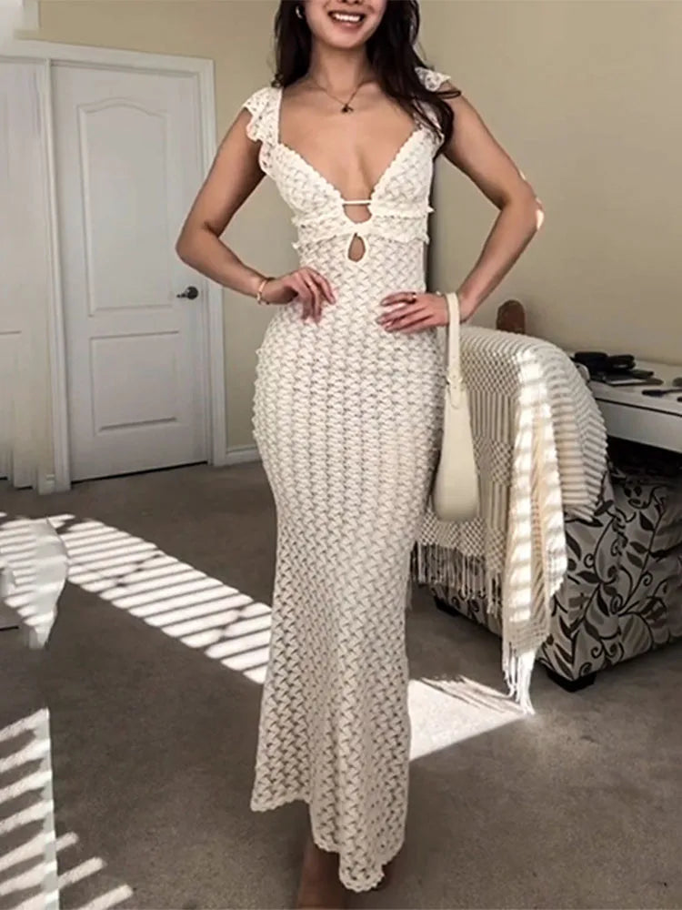 Levoire | Robe D'Été Longue Sans Manches Avec Coupe Slim Et Décolleté En V Profond Pour Femmes Abricot