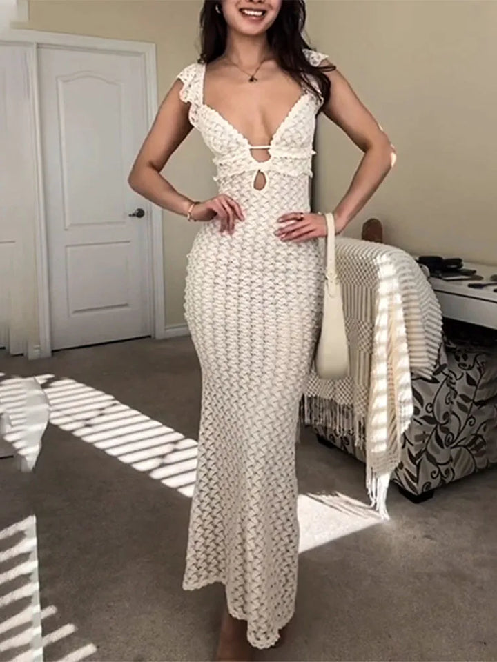 Levoire | Robe D'Été Longue Sans Manches Avec Coupe Slim Et Décolleté En V Profond Pour Femmes Abricot