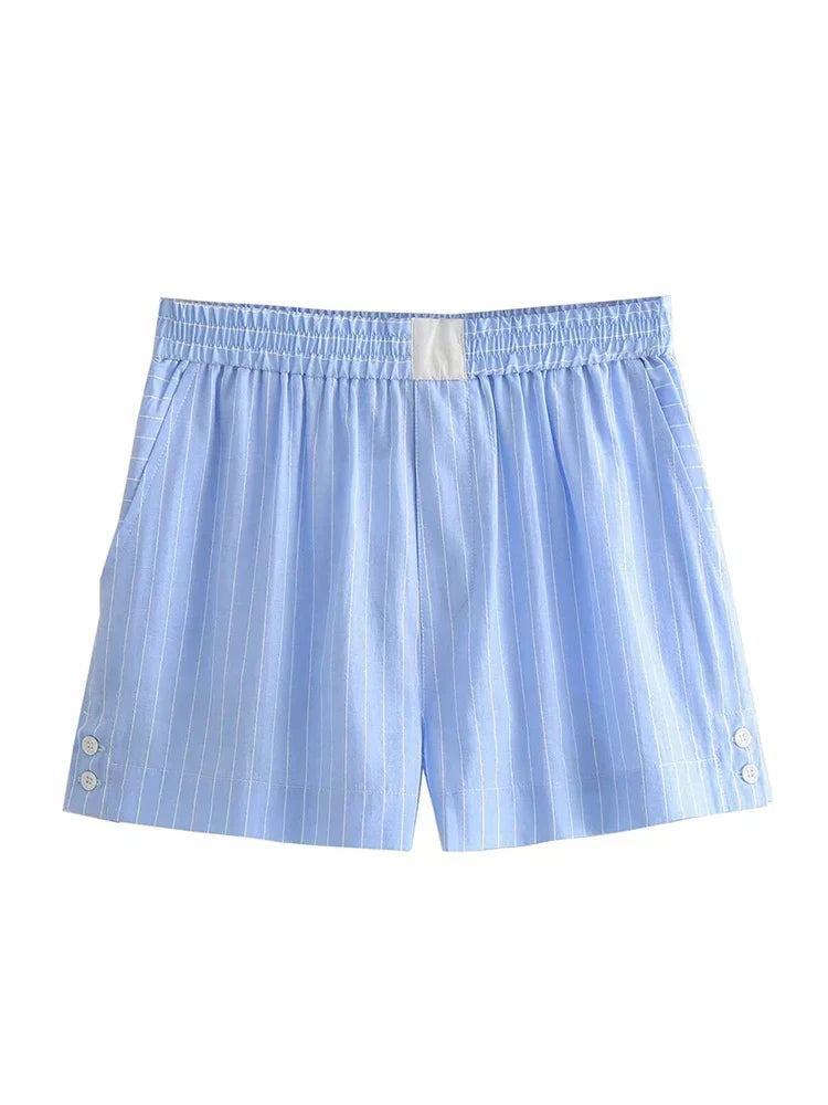 Levoire | Chemise À Manches Longues Rayée Moderne Et Ensemble De Shorts D'Été Pour Femmes