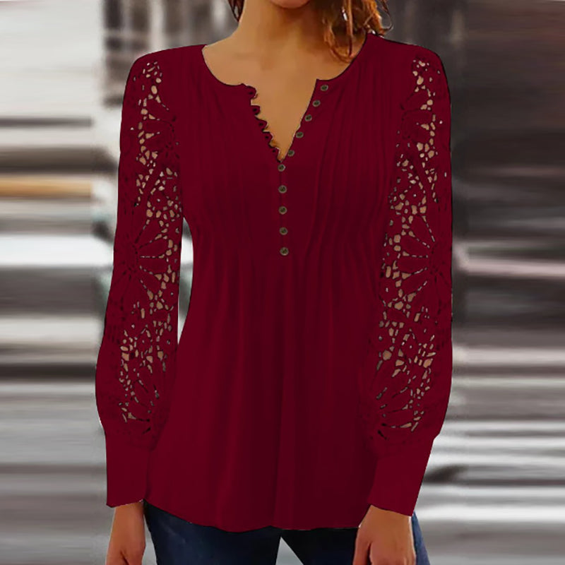 Levoire | Blouse Élégante En Soie À Manches Longues Avec V-Cou Rot