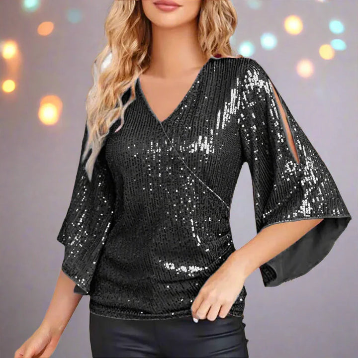 Levoire | Chic Blouse À Paillettes À Col V Avec Manches Évasées
