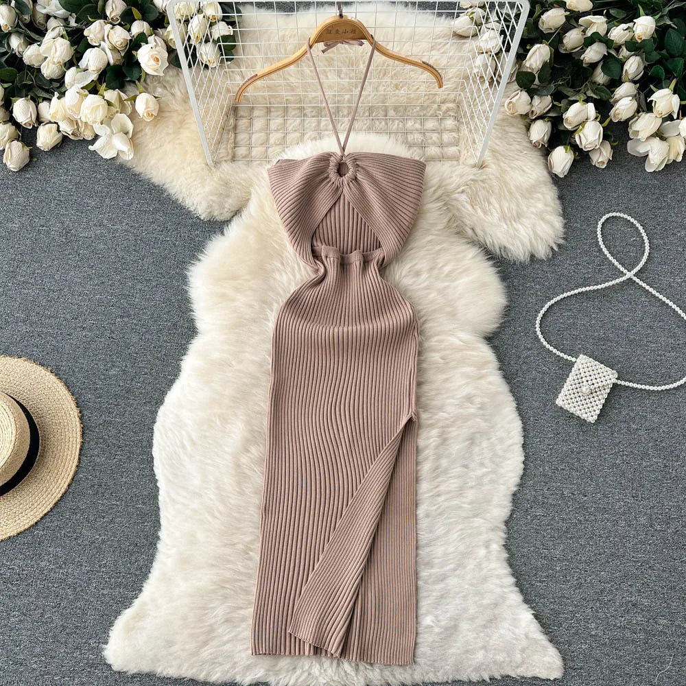 Levoire | Robe Maxi Tricot Tendance Dos Nu Pour Femmes Khaki une taille