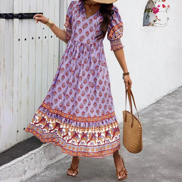 Levoire | Robe Imprimée Boho À Col En V Lila