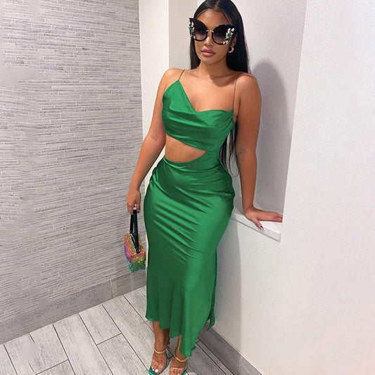 Levoire | Robe Bodycon Longue Satin Vert À Côtés Creux
