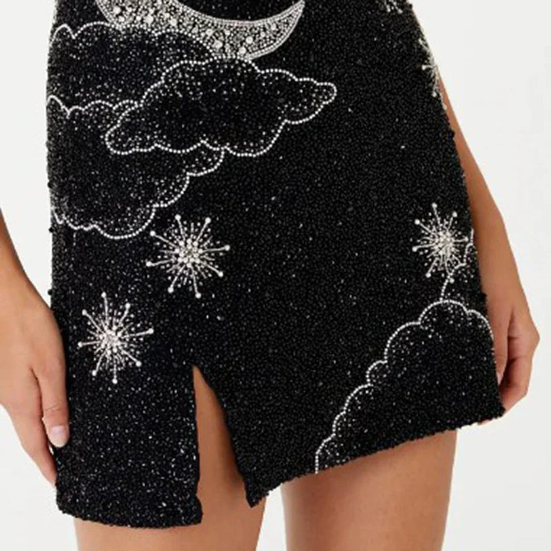 Levoire | Sparkle Ibiza Robe Mini Brodée Noir Nuit Argent Fente Latérale