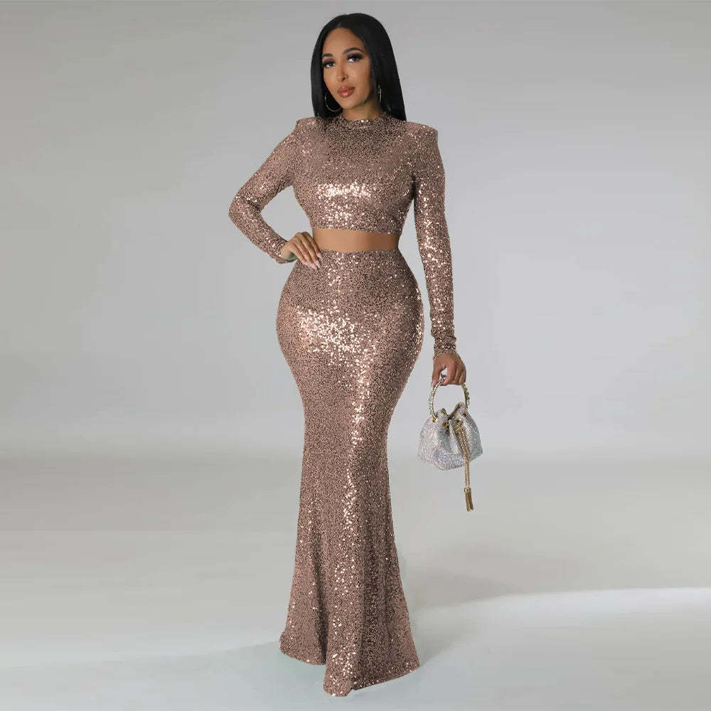 Levoire | Crop Top À Col Rond Pailleté & Ensemble Jupe Maxi