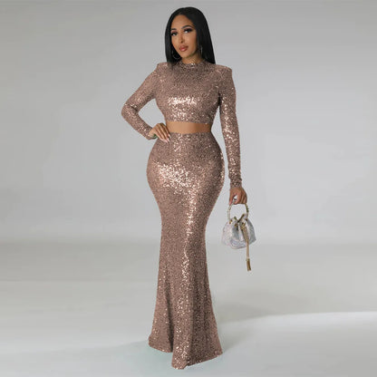 Levoire | Crop Top À Col Rond Pailleté & Ensemble Jupe Maxi