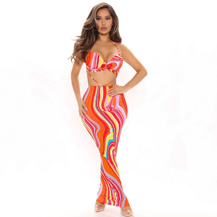 Levoire | Crop Haut Col Imprimé Bodycon Long Robe