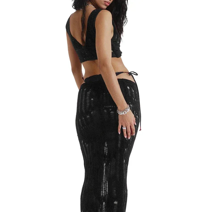 Levoire | Ensemble De Bikini Cover Up 2 Pièces Top Court Tricoté Et Jupe Longue À Taille Basse Élastique