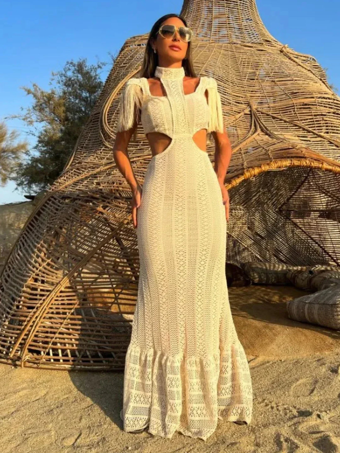Levoire | Robe Mini/Longue À Col Cheminée Tricotée Frangée
