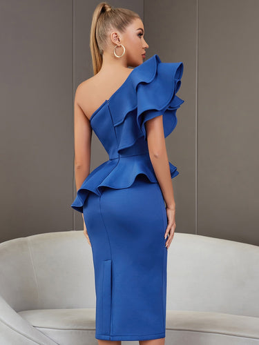 Levoire | Une Épaule Motif Papillon Volants Robe Mi-Longue