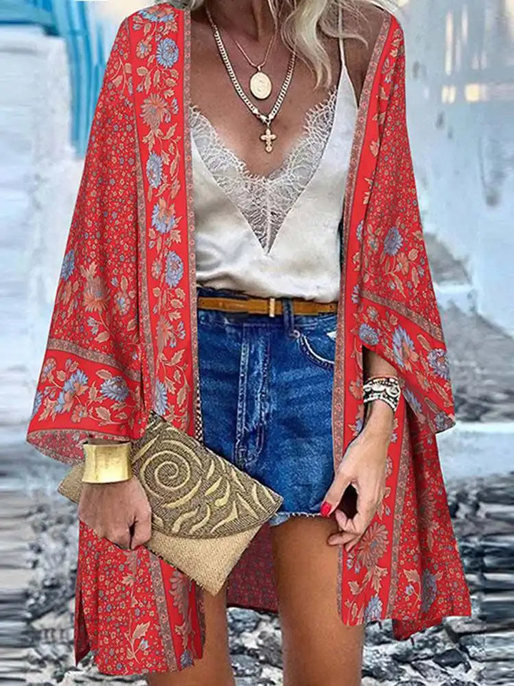 Levoire | Veste En Tricot D'Été Pour Femmes Au Style Bohème Avec Un Motif Floral Coloré Rot