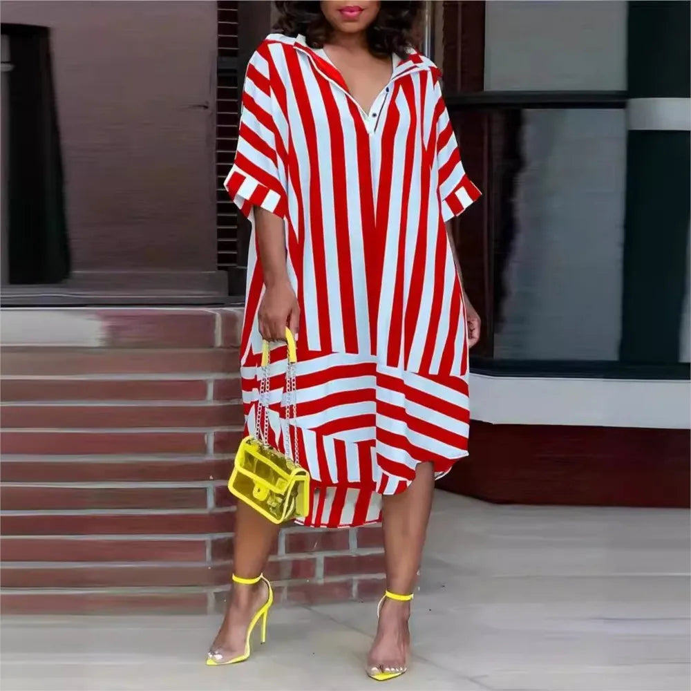 Levoire | Robe Chemise Ete Manches Courtes, Rayee, Coupe Ample, Femme Rouge