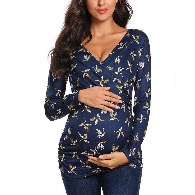 Levoire | T-Shirt Facile À Allaiter Grâce Aux Ouvertures Au Niveau De La Poitrine Bleu avec des oiseaux à longues manches