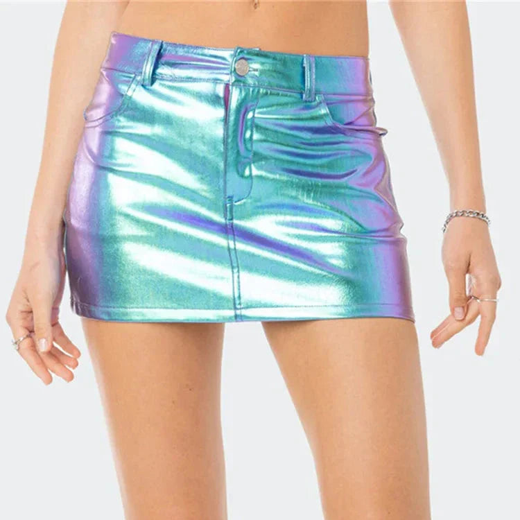 Levoire | Jupe Mini En Cuir Métallique Brillant Bleu ciel