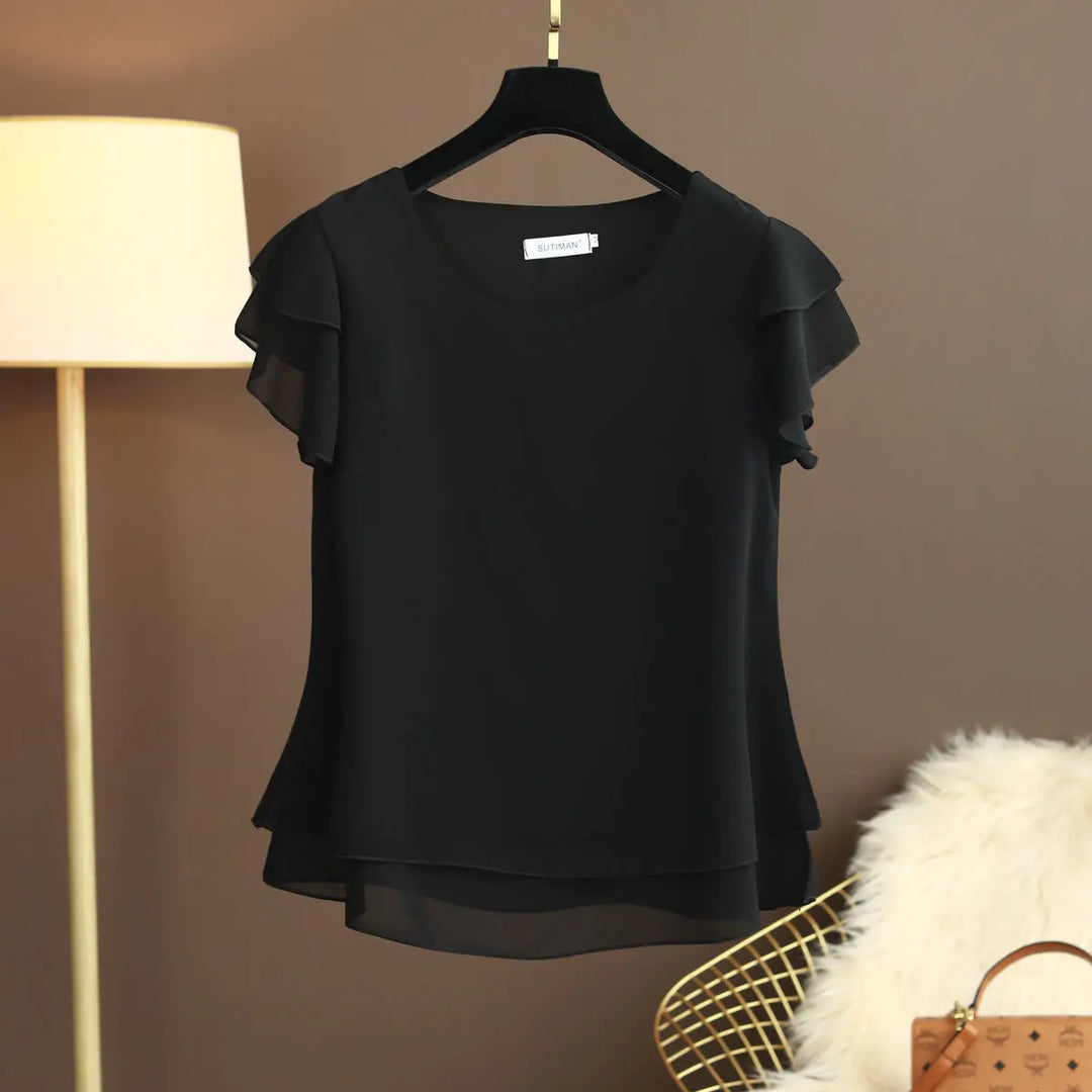 Levoire | Blouse En Chiffon Avec Décolleté En O Et Manches Courtes Noir
