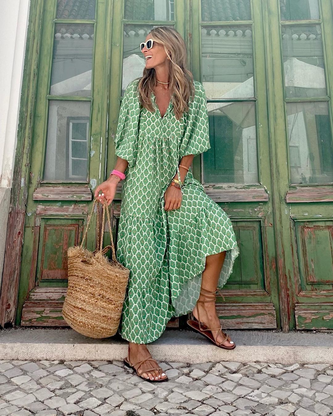 Levoire | Robe Mi Longue Confort Extraordinaire Style Magnifique Vert-Blanc