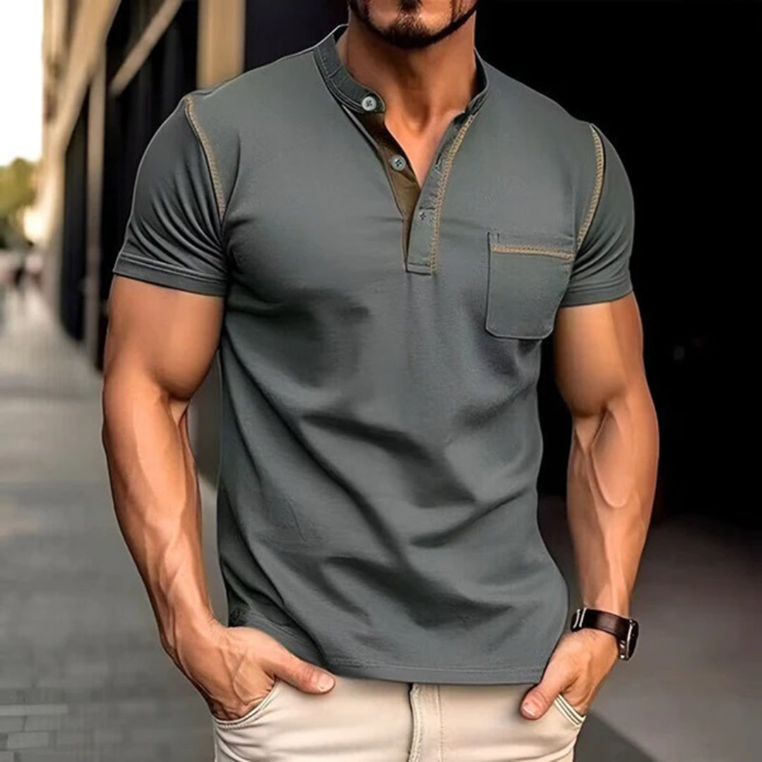 Levoire | T-Shirt Décontracté À Col En V Avec Poche Poitrine Gris foncé