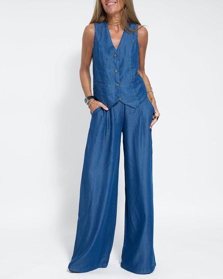 Levoire | Ensemble Élégant De Gilet En Lin Et Pantalon Large Bleu