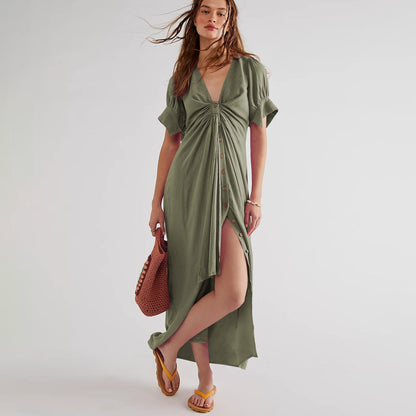 Levoire | Robe Longue Avec Fente Et Décolleté En V Vert olive