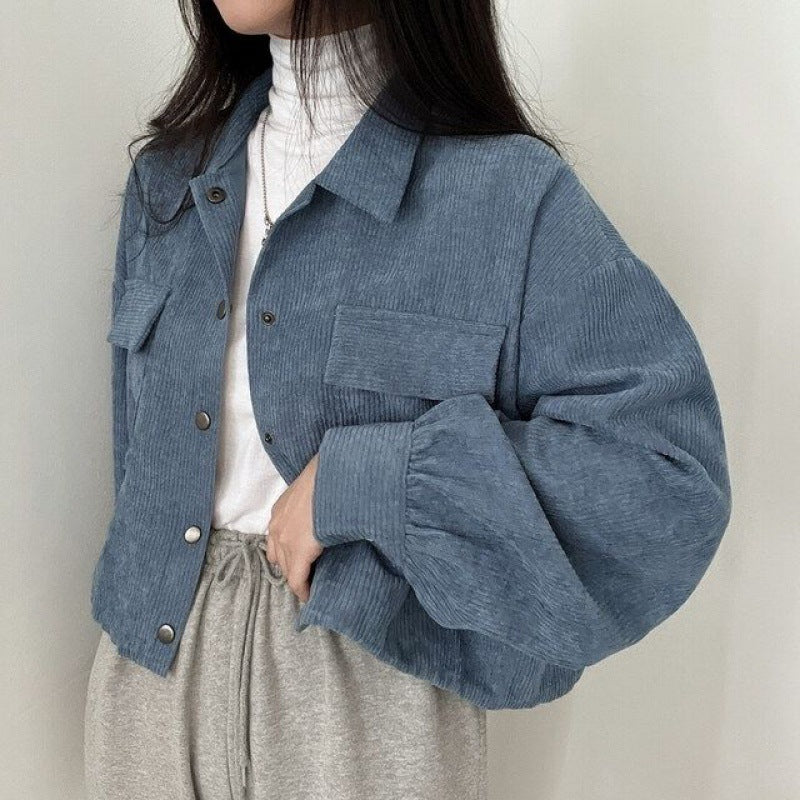 Levoire | Veste Courte À Côtes Tendance Avec Col Retourné Pour Femmes Bleu
