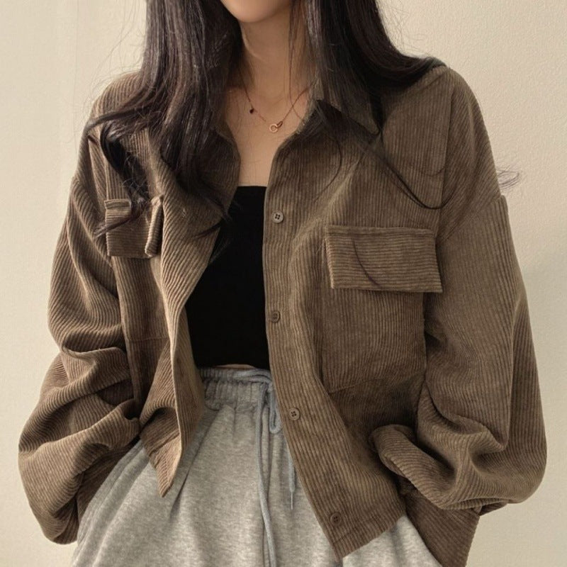 Levoire | Veste Courte À Côtes Tendance Avec Col Retourné Pour Femmes Khaki