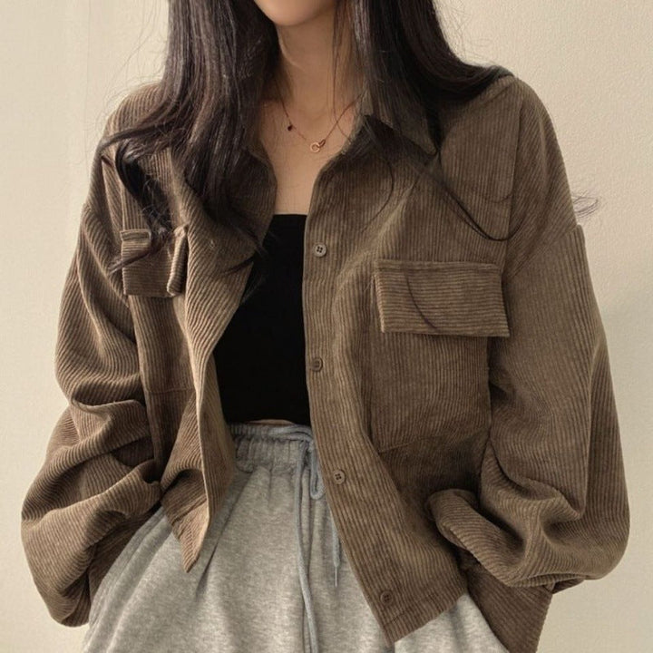 Levoire | Veste Courte À Côtes Tendance Avec Col Retourné Pour Femmes Khaki