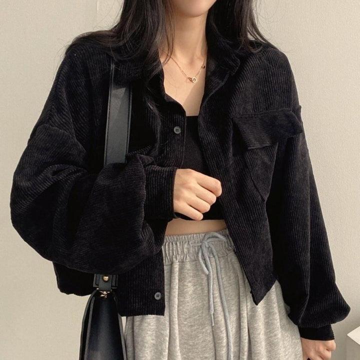 Levoire | Veste Courte À Côtes Tendance Avec Col Retourné Pour Femmes Noir