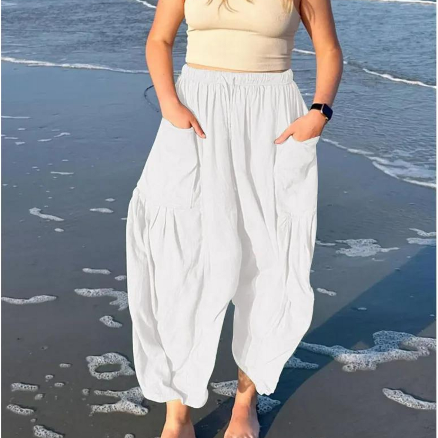 Levoire | Pantalon À Jambes Larges En Coton Et Lin Avec Taille Élastique Et Poches Blanc