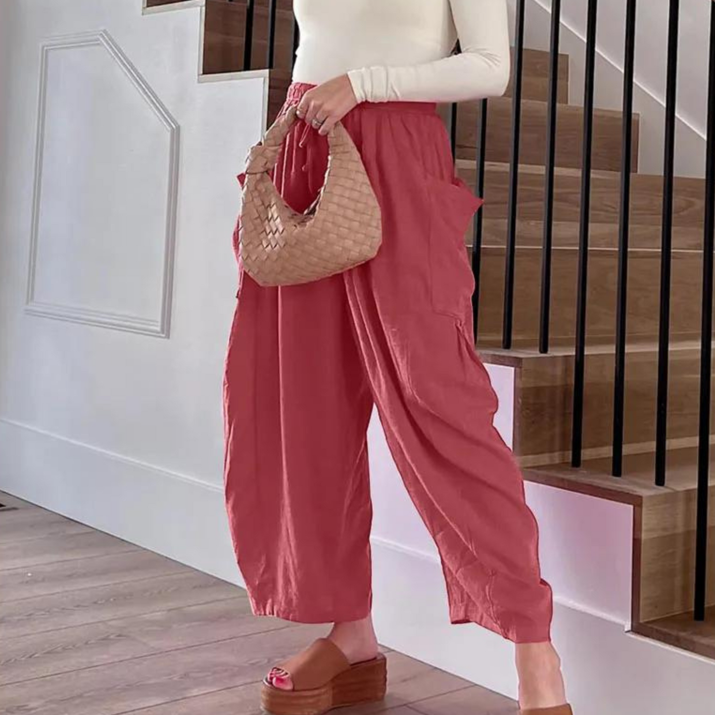 Levoire | Pantalon À Jambes Larges En Coton Et Lin Avec Taille Élastique Et Poches Rosa