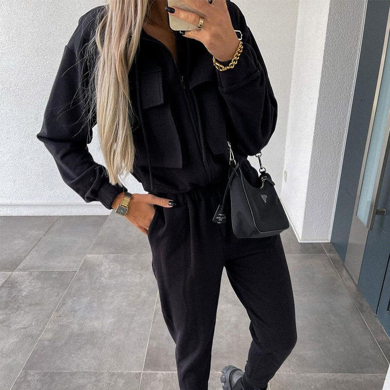 Levoire | Ensembles Cargo Pour Femmes Sweat À Capuche Avec Fermeture Éclair & Pantalons Noir
