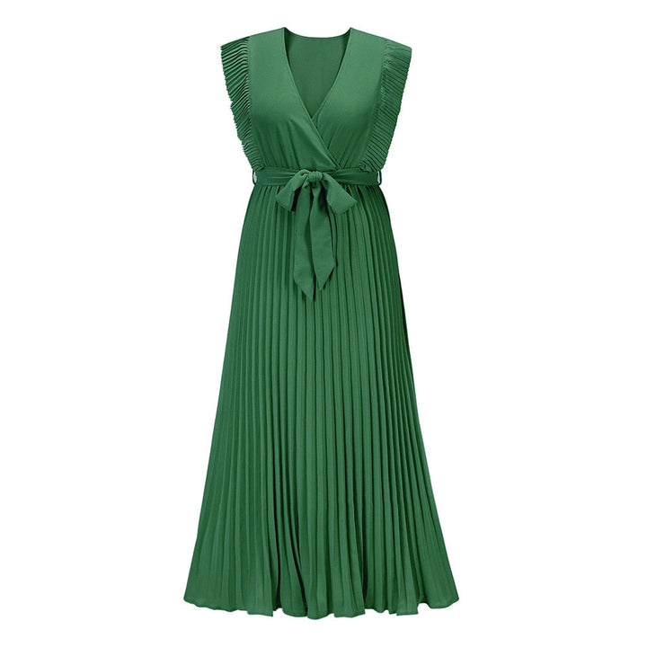Levoire | Robe Été Sans Manches V-Cou Maxi Plissée Ceinture Vert