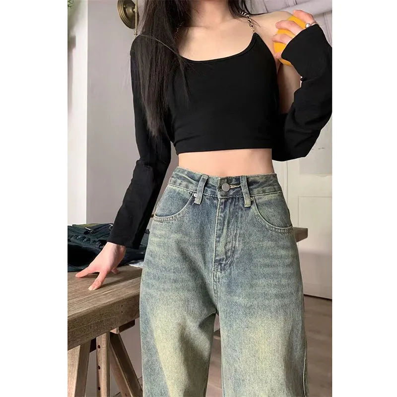 Levoire | Jean Taille Haute Décontractée Et Large Vin Vintage Avec Jambes Larges Pour Femmes