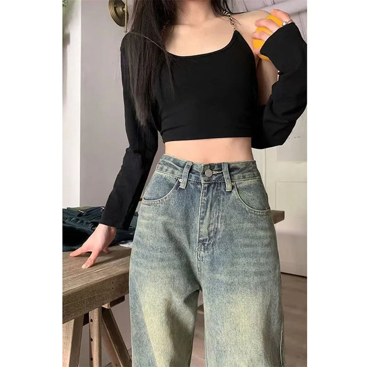 Levoire | Jean Taille Haute Décontractée Et Large Vin Vintage Avec Jambes Larges Pour Femmes