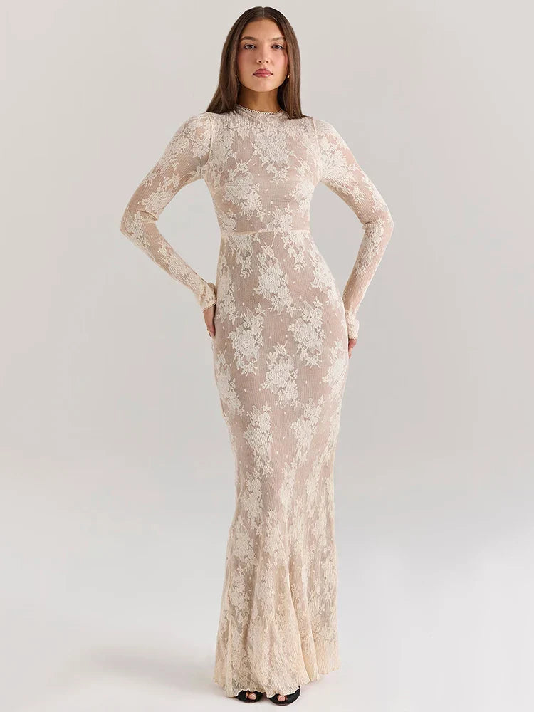 Levoire | Robe Longue Élégante En Dentelle Avec Fermeture Éclair Blanc