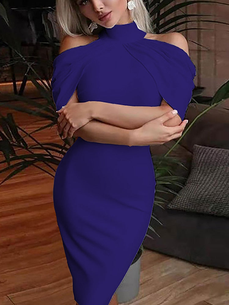 Levoire | Robe Midi À Col Halter Drapé Off Bleu foncé